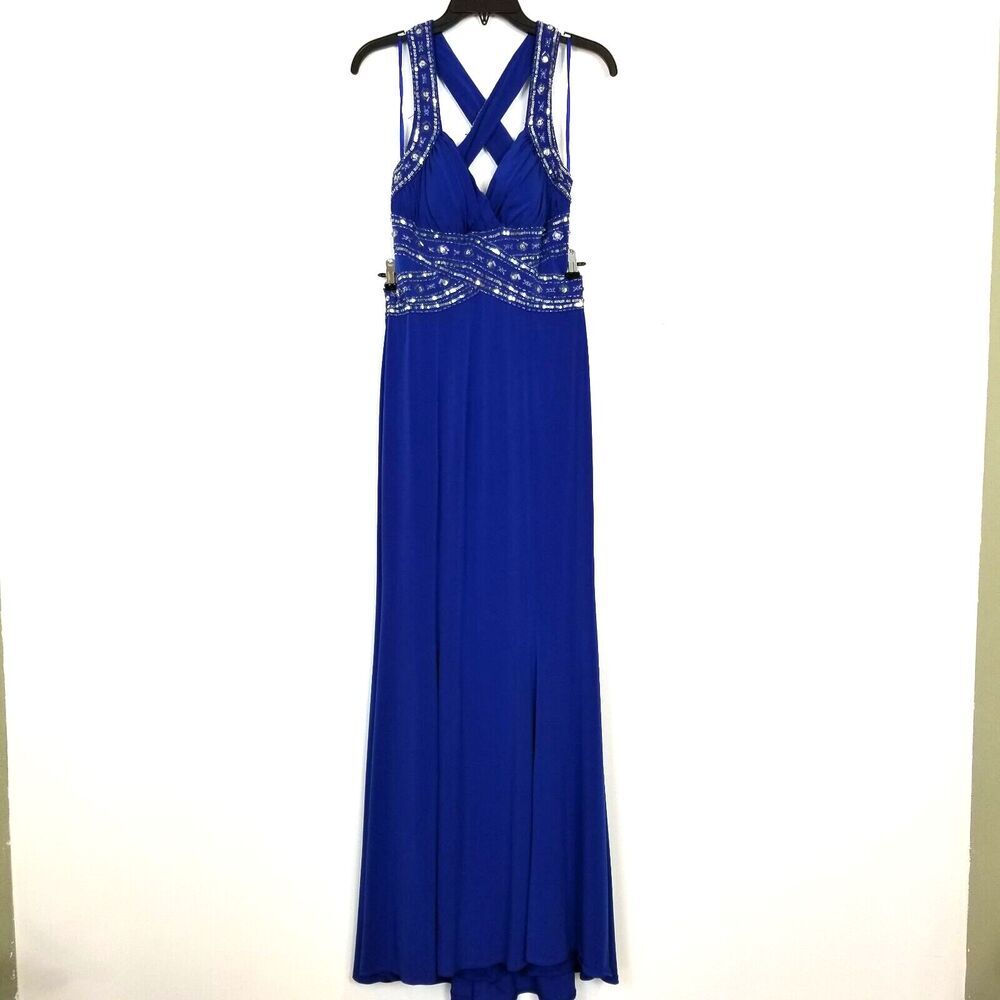 VTG Hailey Logan Dress Sz  5/6 Blue‎ Y2K  Maxi Beaded Sleeveless V Neck Prom